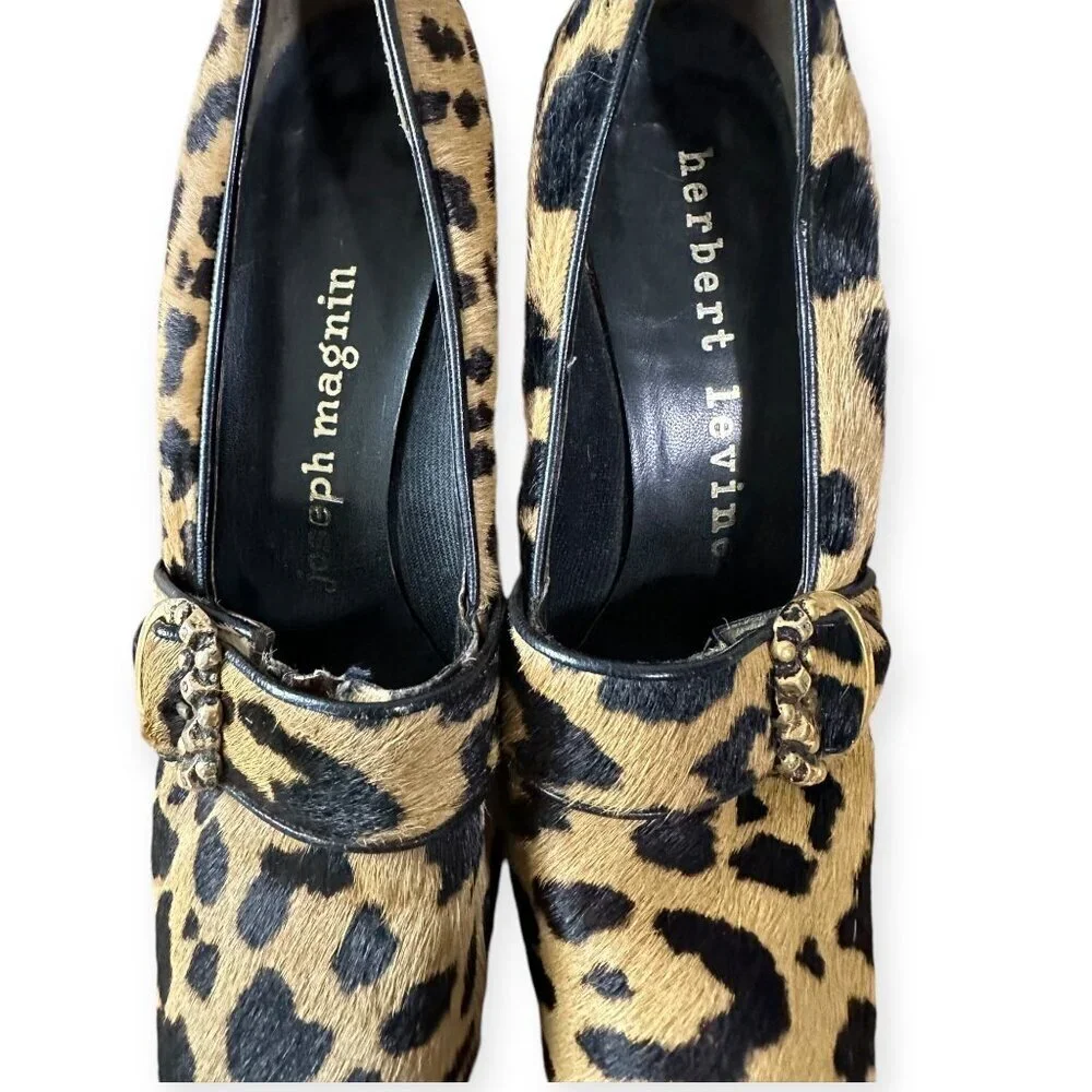 Vintage 1969 Herbert Levine Leopard Hair Calf Mod Pumps Gold Buckle, 7.5 AA